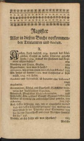 Register Aller in diesem Buche vorkommenden Titulaturen und Realien.