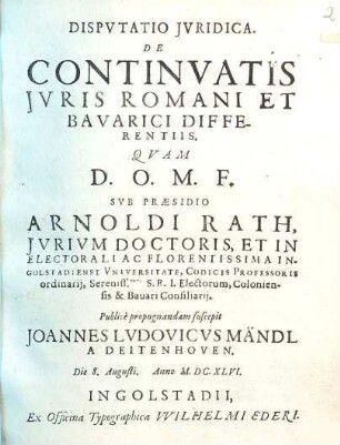 Dispvtatio Jvridica. De Continvatis Jvris Romani Et Bavarici Differentiis