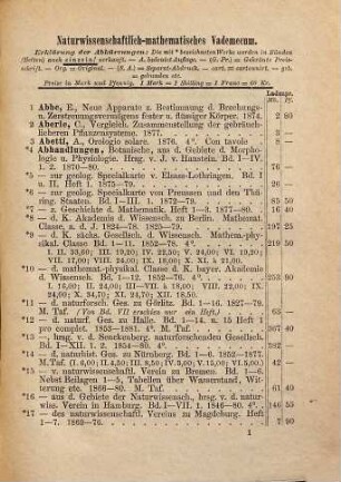 Wolf's naturwissenschaftlich-mathematisches Vademecum : alphabetische und systematische Zusammenstellung der neueren und besseren Literatur-Erscheinungen des In- und Auslandes auf dem Gebiete der Naturwissenschaften, Mathematik und Astronomie : Catalog, 1881