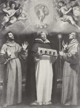 Der hl. Gonzola zwischen dem hl. Franziskus und dem hl. Bernhard von Siena (rechts)