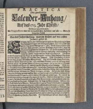 Practica Oder Gewöhnlicher Calender-Anhang/ Auf das 1713. Jahr Christi