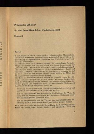 Präzisierter Lehrplan für den heimatkundlichen Deutschunterricht Klasse 3