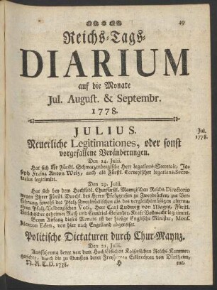 Reichs-Tags-Diarium auf die Monate Jul. August. & Septembr. 1778.