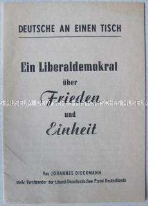 Sonderdruck einer Erklärung von Johannes Dieckmann (LDPD) vor der Volkskammer zu den deutsch-deutschen Beziehungen