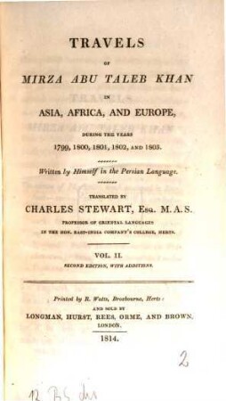 Travels of Mirza Abu Taleb Khan in Asia, Africa, Europe, during the years 1799, 1800, 1801, 1802, and 1803, 2. (1814). - 306 S.