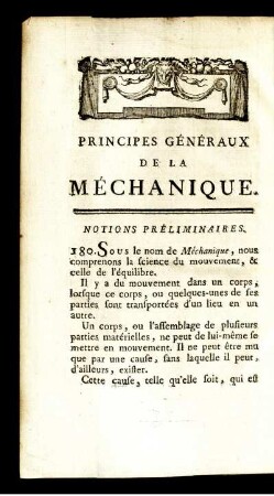 Principes Généraux de la Méchanique. Notions Préliminaires.