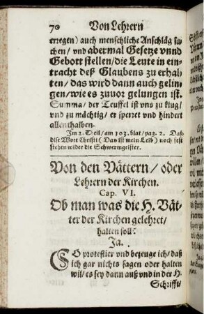 Von den Vättern/ oder Lehrern der Kirchen. Cap. VI.