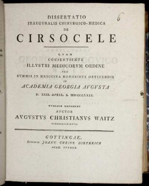 Dissertatio Inavgvralis Chirvrgico-Medica De Cirsocele