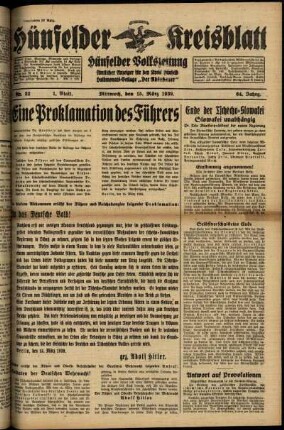 Erste Ausgabe vom Mittwoch, den 15. März 1939.