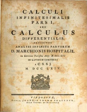 Calculi Infinitesimalis Pars I, Seu Calculus Differentialis