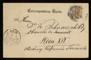 Nr. 8 Postkarte von Samuel Oppenheim an Karl Schwarzschild. Arnau, 3.7.1898