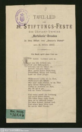Tafel-Lied zum 39. Stiftungs-Feste des Gärtner-Vereins "Hortulania" Dresden in den Sälen von "Braun's Hôtel" am 8. März 1887