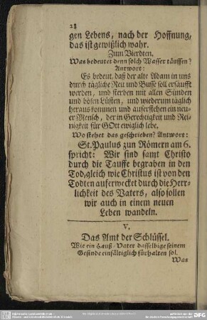 V. Das Amt der Schlüssel. Wie ein Hauß-Vater dasselbige seinem Gesinde einfältiglich fürhalten sol