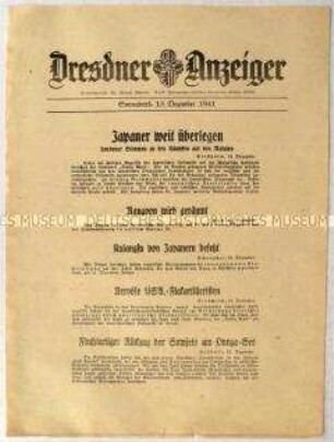 Nachrichtenblatt "Dresdner Anzeiger" u.a. zur vorgeblichen Überlegenheit der japanischen Luftwaffe in der Darstellung der britischen Medien.