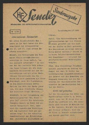 HF-Sender, Sonderausgabe' [Flugblatt], Nr.4/1953 (2. Juli 1953)