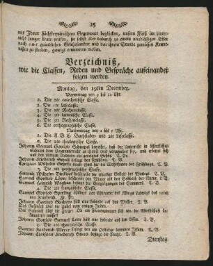 Verzeichniß, wie die Classen, Reden und Gespräche aufeinander folgen werden