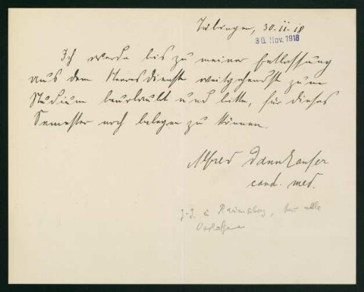 Bitte um Belegung (30.11.1918)