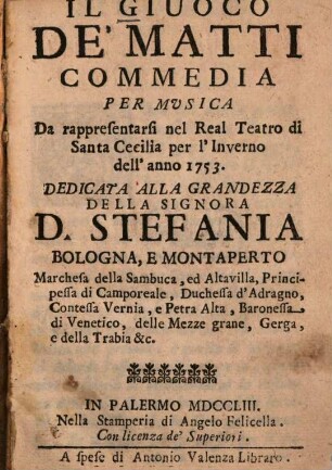 Il giuoco de'Matti : Commedia per musica