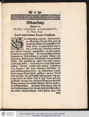 Abdanckung. Gehalten von FRANC. THEODOR. BOCKELMANNO, SS. Theol. Stud.