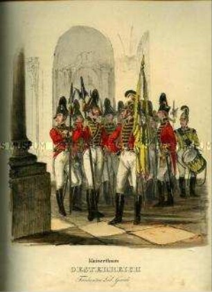 Uniformdarstellung, Trabanten-Leibgarde mit Fahnenträger, Kaiserreich Österreich, 1835. Tafel 177 im Buch: Eckert/Monten: Das deutsche Bundesheer.