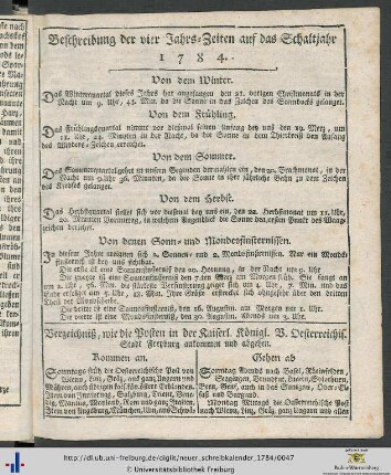 Verzeichniß, wie die Posten in der Kaiserl. Königl. V.Oesterreichis. Stadt Freyburg ankommen und abgehen.