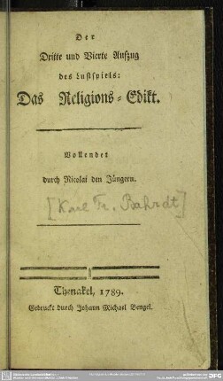 Der Dritte und Vierte Aufzug des Lustspiels: Das Religions-Edikt