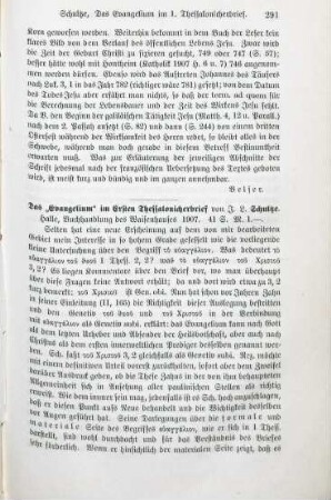 291-292 [Rezension] Schultze, J. L., Das ʺEvangeliumʺ im ersten Thessalonicherbrief