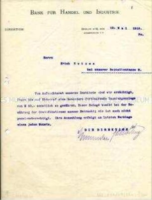 Schreiben der Bank für Handel und Industrie an einen Angetellten zur Gewährung einer "Teuerungszulage"