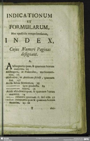 Indicationum Et Formularum, Hoc opusculo comprehensarum, Index