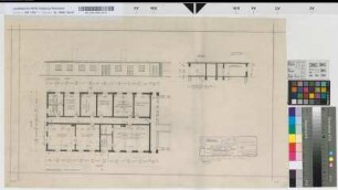 Bahnhof Duisburg Hbf: Wiederaufbau des Werkstättengebäudes: Ansicht, Grundriß, Schnitt [Abgelegt in Mappe: "Entwürfe von Th V", Beschriftung Deutsch/Englisch], M. 1:100 Hgl, Sknr.: 4, Fanr.: 12