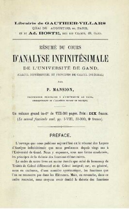 RÉSUMÉ DU COURS D'ANALYSE INFINITESIMAL DE L'UNIVERSITE DE GAND, (CALCUL DIFFERENTIEL ET PRINCIPES DE CALCÜL INTEGRAL)