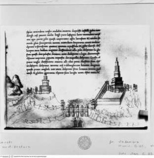 Trattato di Architettura - Codex Valencianus, Buchseite mit einem befestigten Flussübergang (13. Buch)