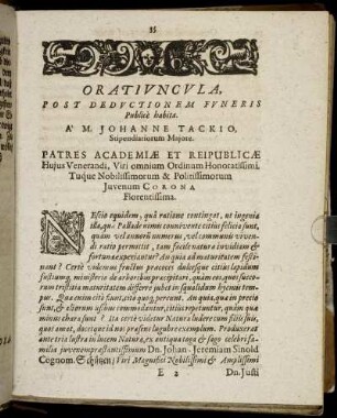 Oratiuncula, Post Deductionem Funeris Publicè Habita