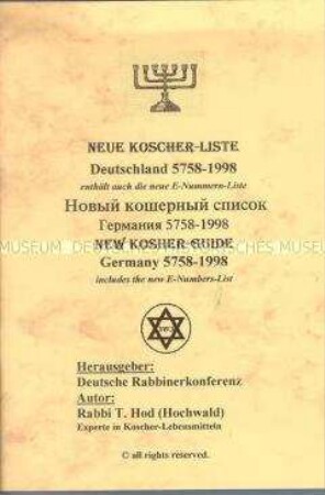 Broschüre mit der Auflistung von koscheren Lebensmitteln (viersprachig)
