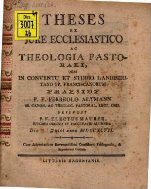 Theses ex iure ecclesiastico ac theologia pastorali