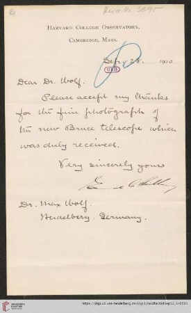 Briefe von Edward Charles Pickering an Max Wolf: Brief von Edward Charles Pickering an Max Wolf