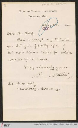 Briefe von Edward Charles Pickering an Max Wolf: Brief von Edward Charles Pickering an Max Wolf