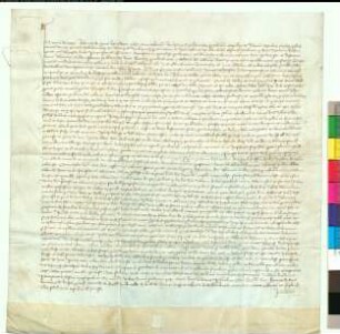 Officialatsinstrument in Sachen des Klosters Paradies und dem Cleriker Johann Gulden wegen der Pfarrkirche zu Sweve.