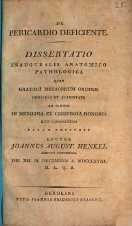 De pericardio deficiente : dissertatio inauguralis anatomico pathologica