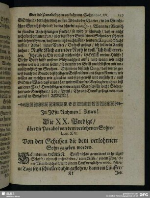 Die XX. Predigt, über die Parabol von dem verlohrnen Sohn, Luc. XV.