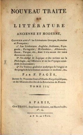 Nouveau Traité de Litterature ancienne et moderne, 3