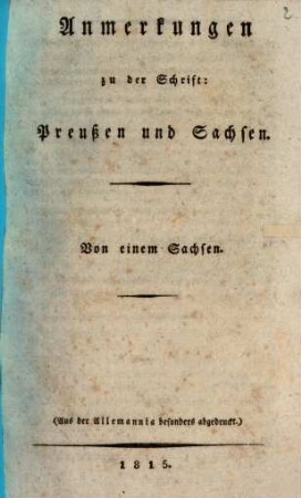 Anmerkungen zu der Schrift: Preußen und Sachsen