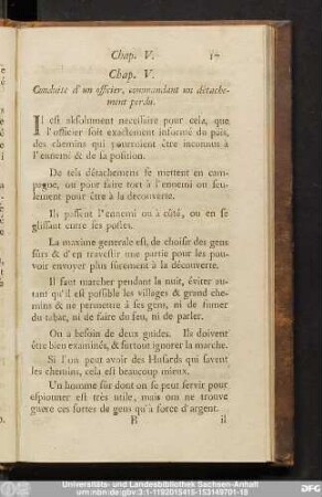 Chap. V. Conduite d'un offcier, commandant un détachement perdu.