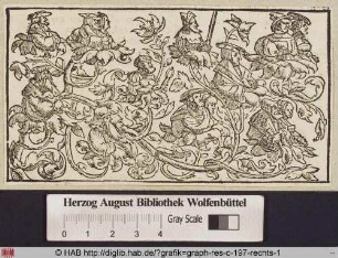 Rankenwerk mit stammbaumartigen Darstellungen von Paaren und einzelnen Männern.
