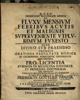 Dissertatio Inavgvralis Medica De Flvxv Mensivm Febribvs Acvtis Et Malignis Svperveniente Vtplvrimvm Fvnesto