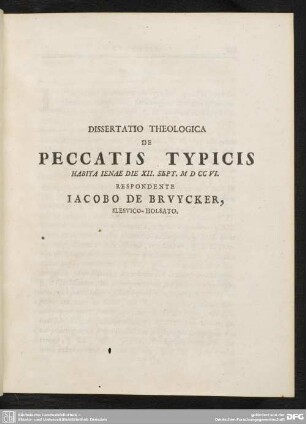 Dissertatio Theologica De Peccatis Typicis