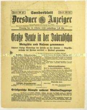 Nachrichtenblatt des "Dresdner Anzeiger" mit Kurzmeldungen von verschiedenen Kriegsschauplätzen