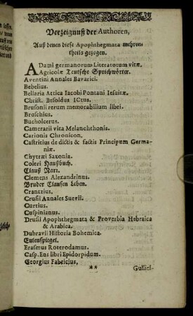 Verzeignuß der Authoren, Auß denen diese Apophthegmata mehrentheils gezogen.
