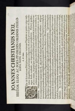 Joannes Christianus Neu, Histor. Eloq. Ac Poes. Pp. Ordin. Ordinis Philosoph. Nunc Decanus. L. B. Salut.