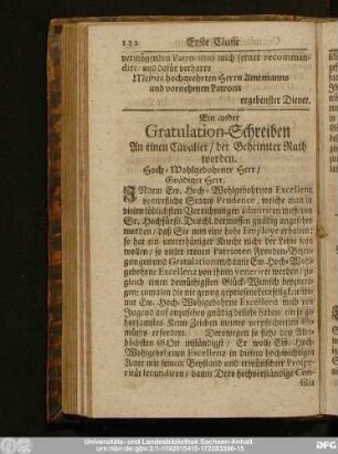 Ein ander Gratulation-Schreiben An einen Cavalier, der Geheimter Rath worden.